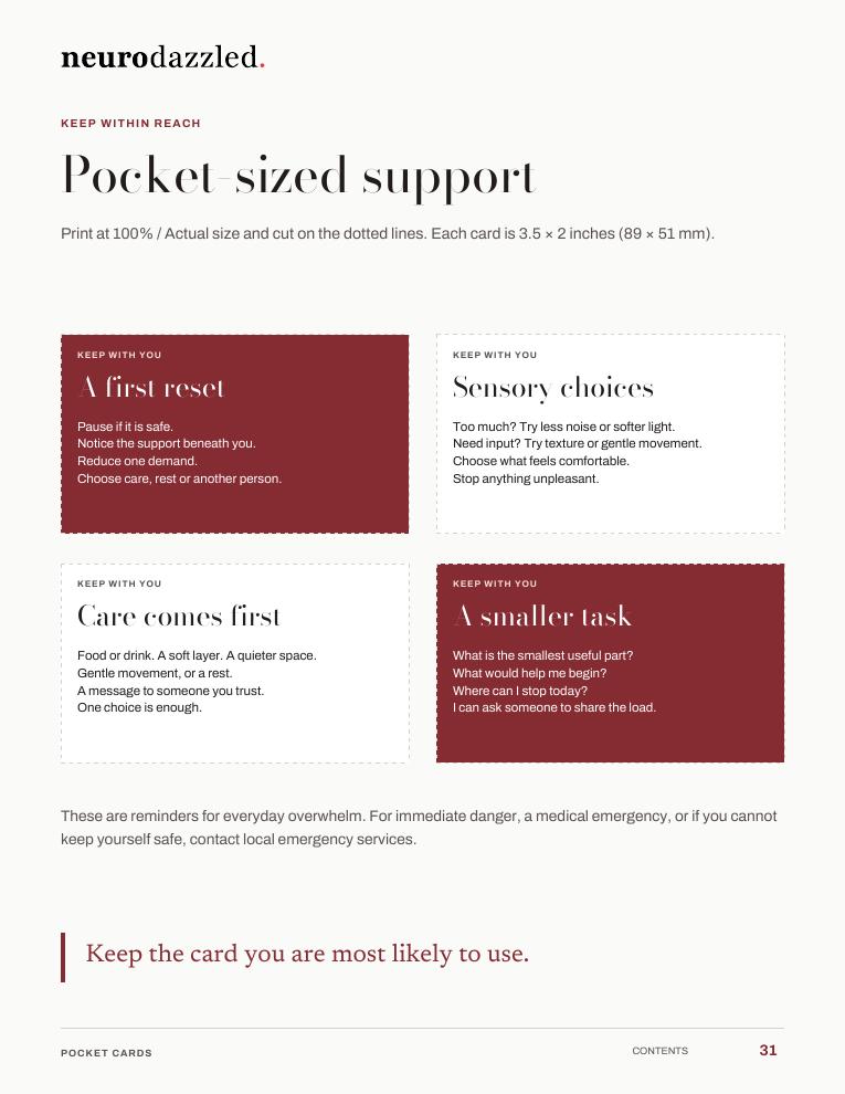 Sample page: printable pocket cards for everyday support.