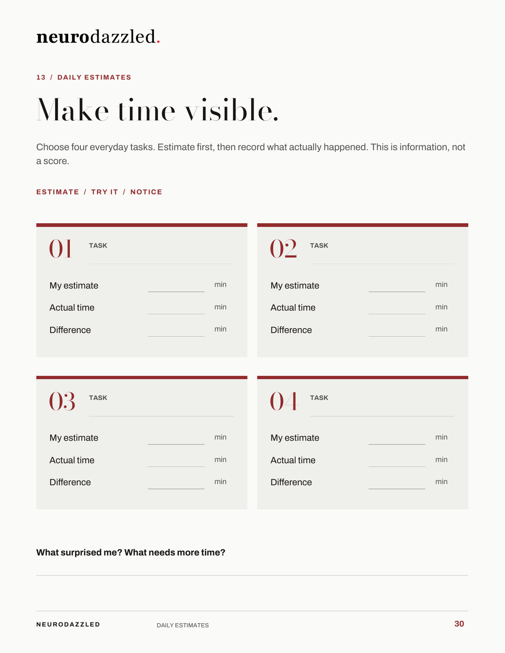 Time Blindness Survival Workbook — Estimate versus actual time worksheet