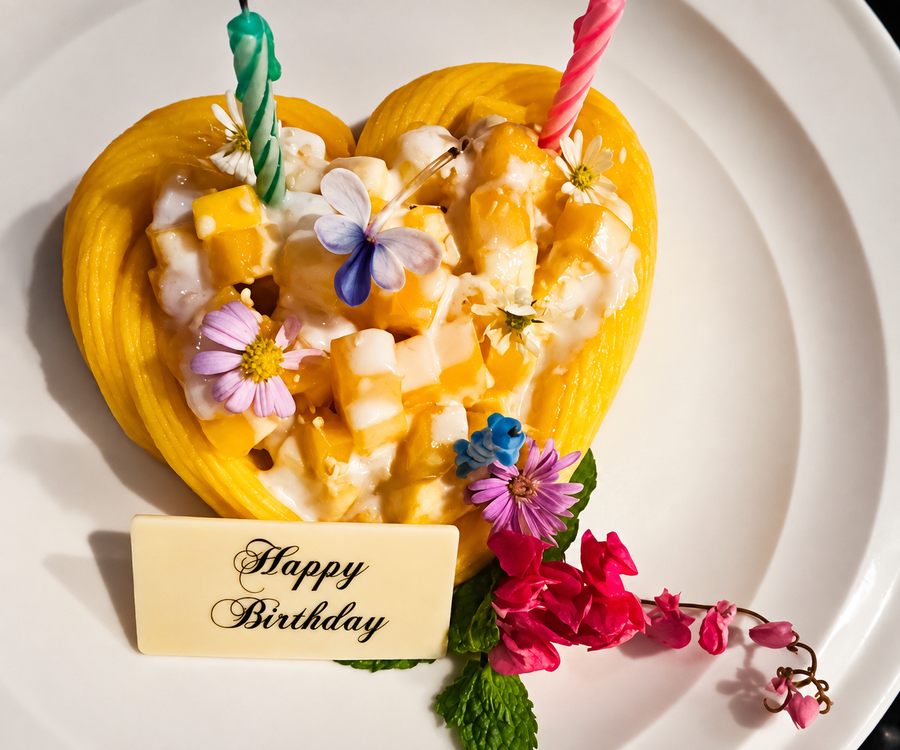 A heart-shaped birthday dessert with flowers and candles.