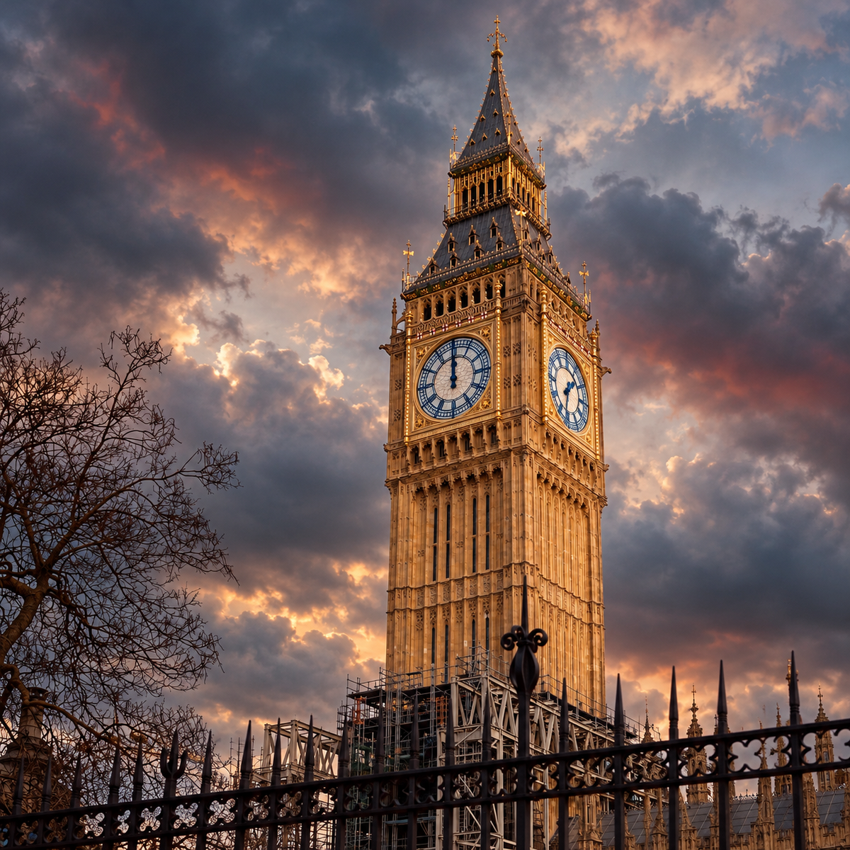 Big Ben’s clock faces and golden stonework beneath a dramatic clouded sky, with dark branches and iron railings in the foreground.