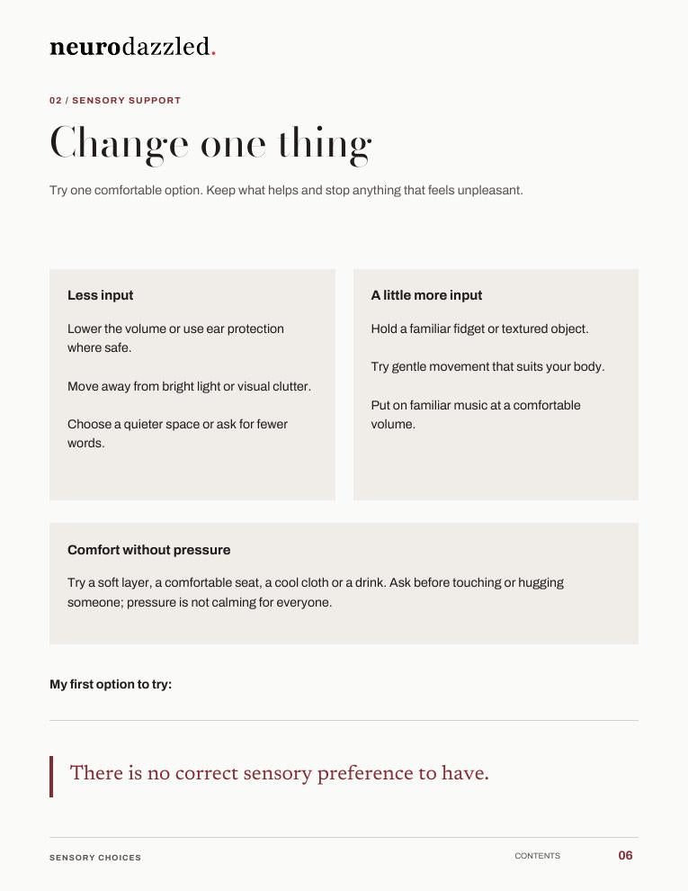 Sample page: sensory choices to change one thing.
