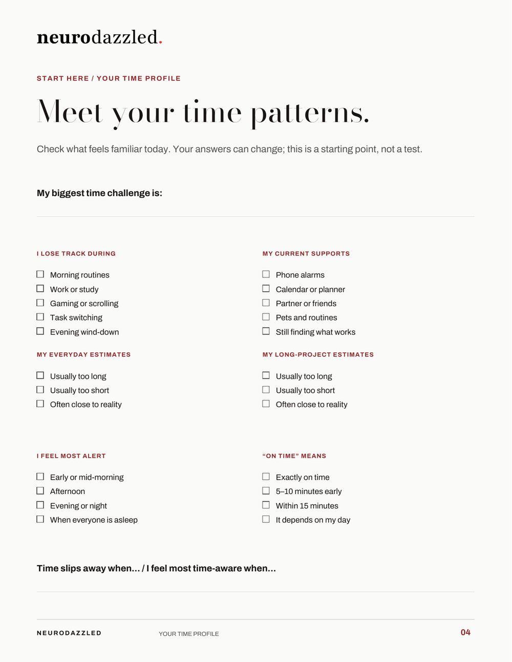 Time Blindness Survival Workbook — Personal time profile worksheet