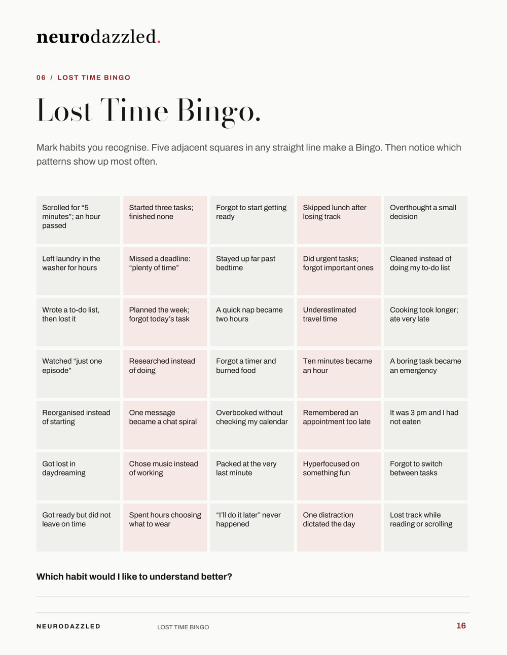 Time Blindness Survival Workbook — Lost Time Bingo worksheet