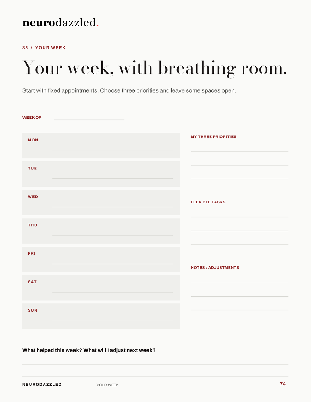 Time Blindness Survival Workbook — Weekly planner